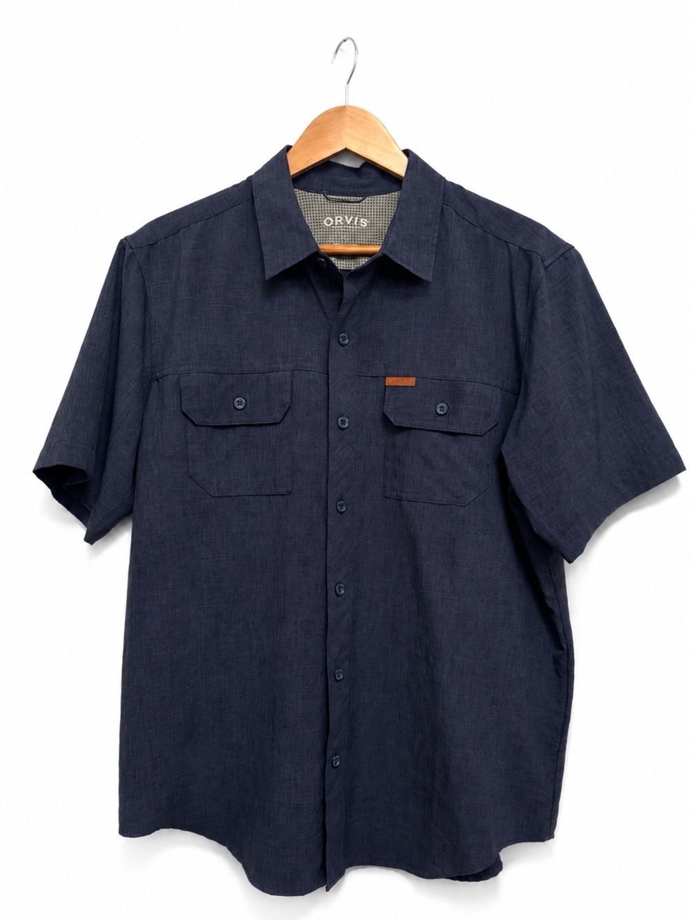 Orvis Men’s Woven Tech Short Sleeve Button Up Shirt Navy Blue - Large